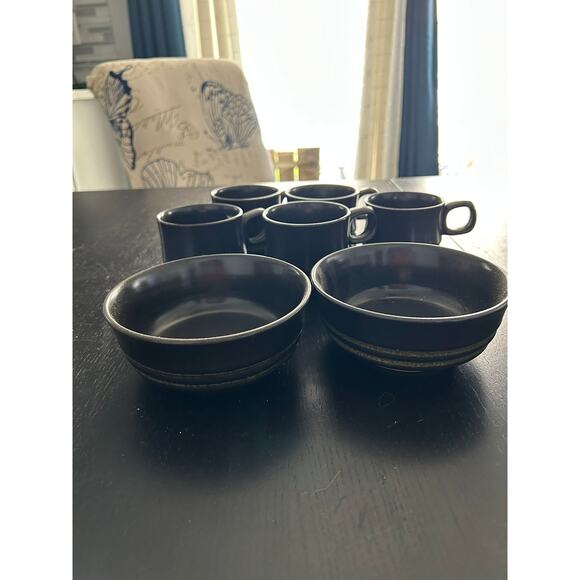 Vintage Denby Kismet Black Stoneware 5 coffee mugs, 2 bowls  1970 England - Picture 1 of 9